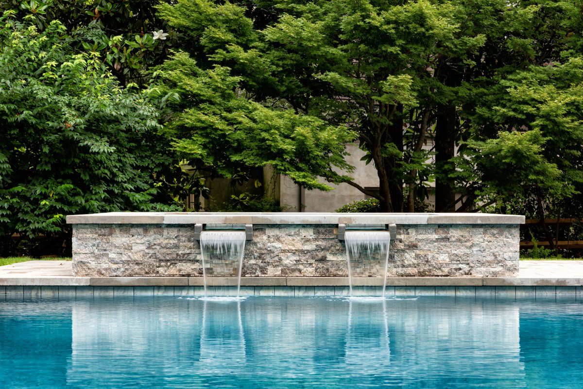 Stone spillway wall with twin sheer descent water features, Atlanta GA