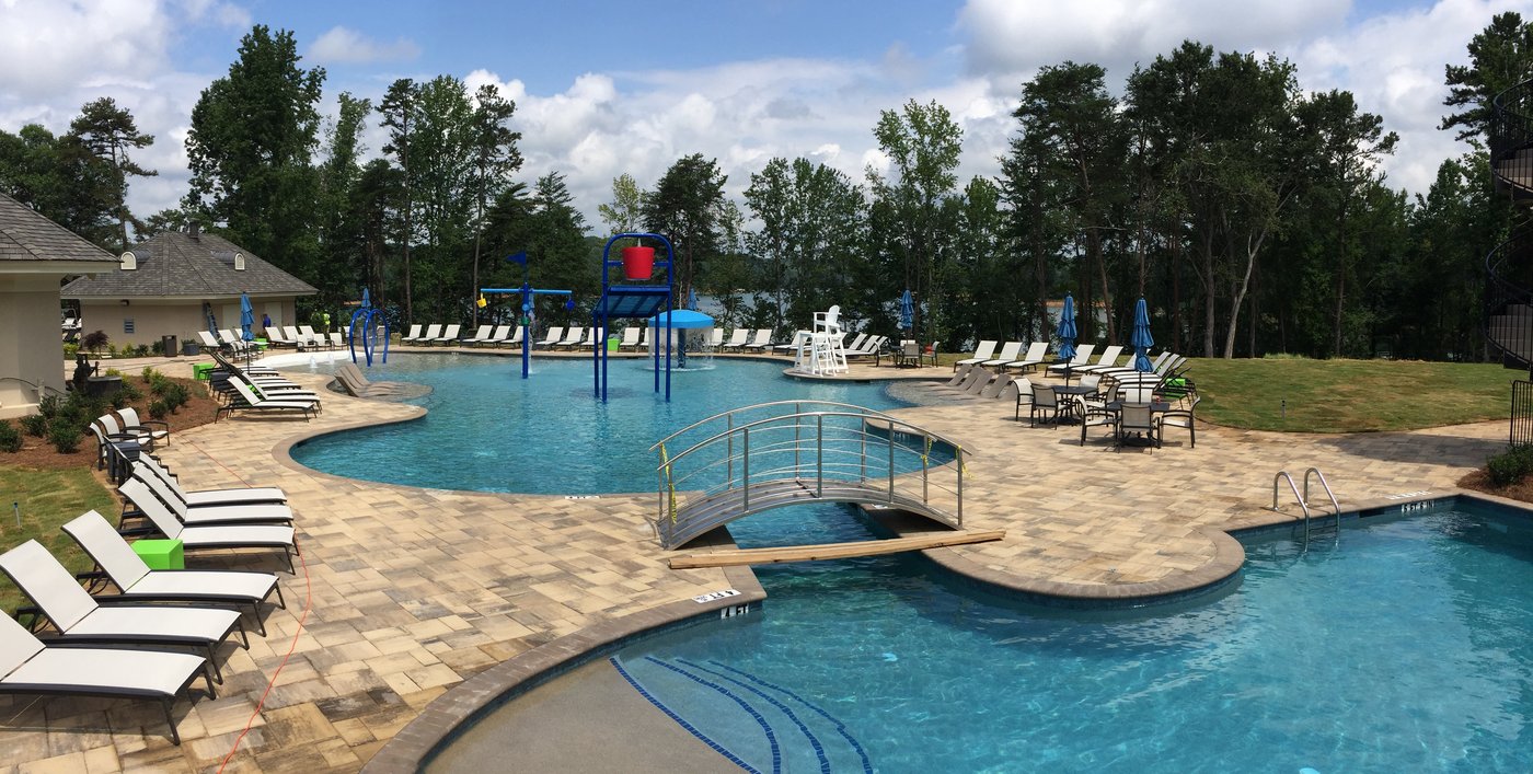 Zero-entry family pool and bridged paver deck overlooking Lake Lanier, Gainesville GA