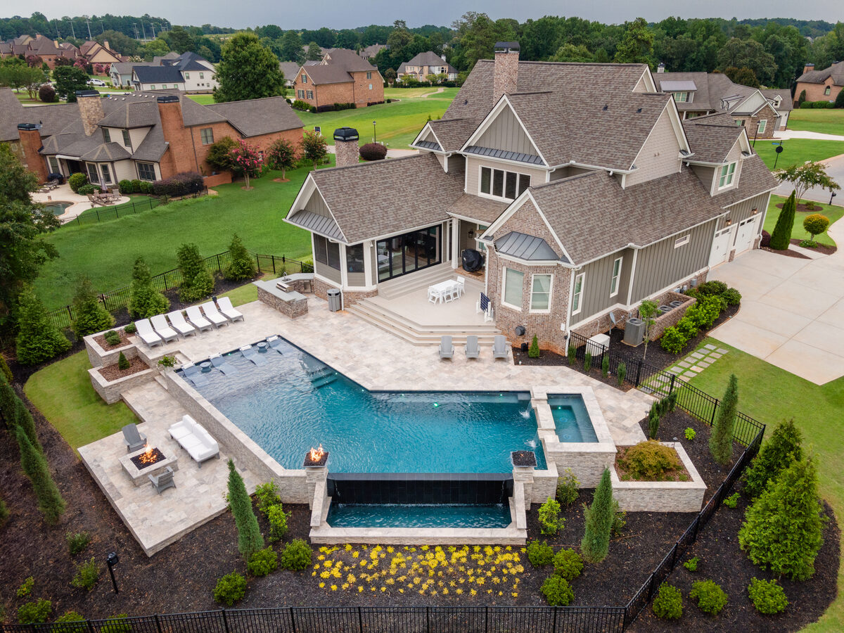 Infinity edge pool with fire pit lounge, Jefferson GA